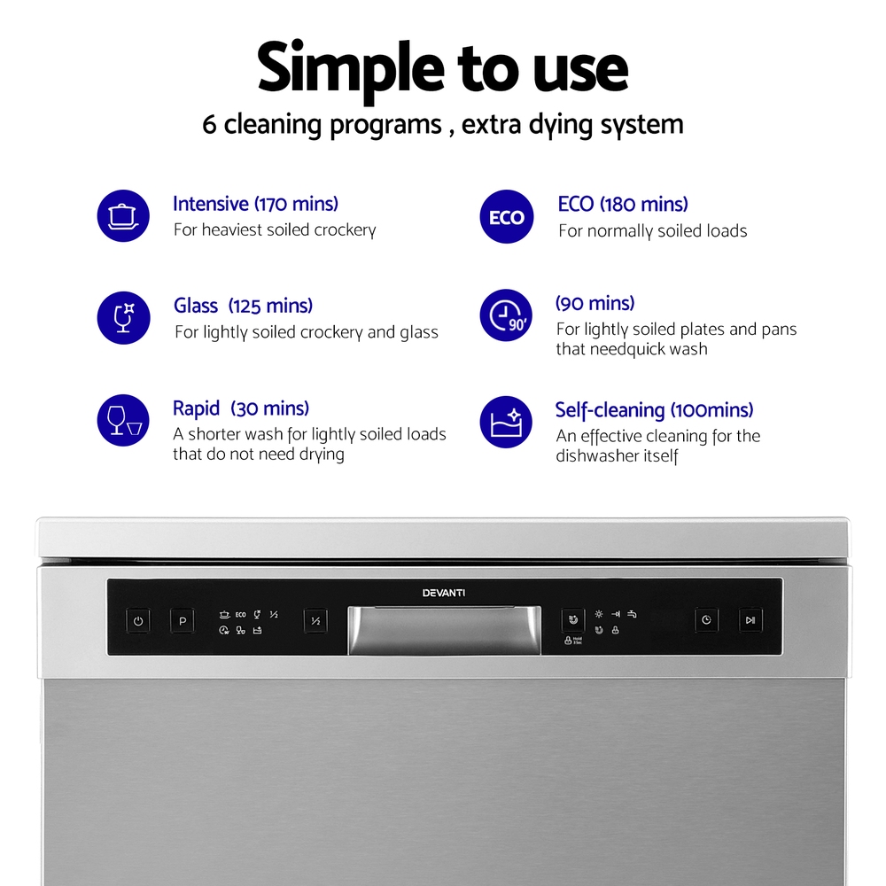 BDW-14-FS5201G-SS-202269-04 Devanti 60cm 14 Place Settings Freestanding Dishwasher Silver - Image 5