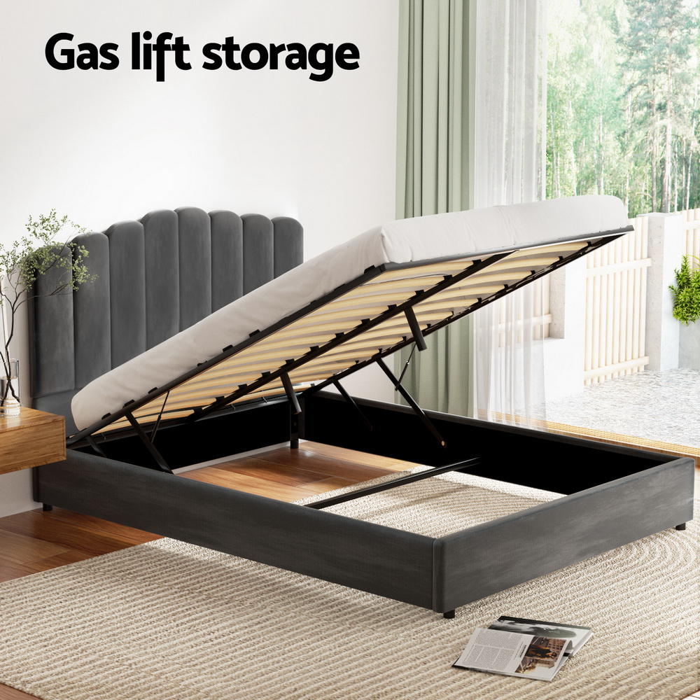 BFRAME-H-FION-Q-GY-ABC-223143-03 Artiss Bed Frame Queen Size Velvet Grey FION - Image 4