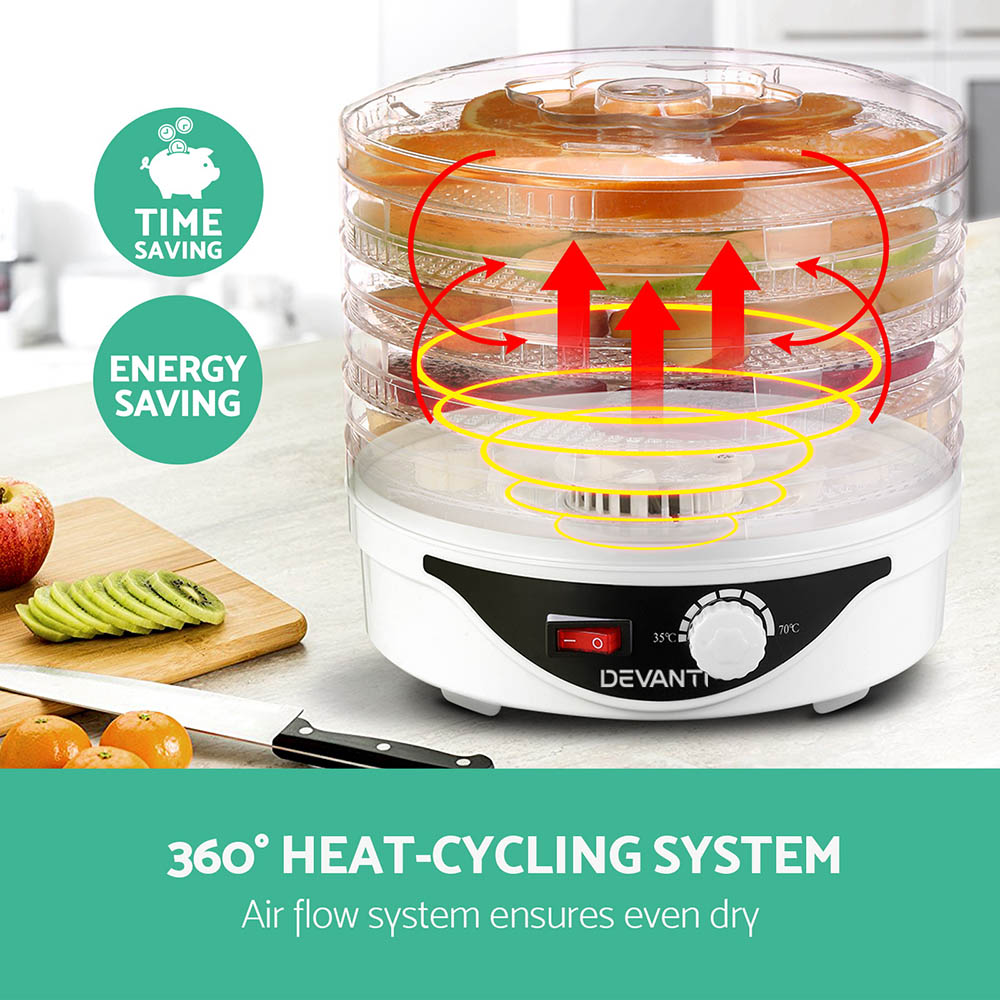 FD-B-1142-5T-WH-139377-03 Devanti 5 Trays Food Dehydrator Fruit Dehydrators Pet Beef Jerky Dryer White - Image 4