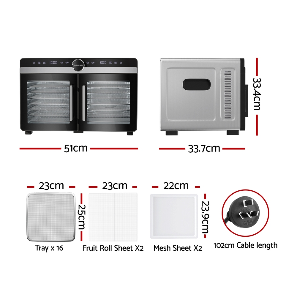 FD-E-601A-16T-SS-202505201614-01 Devanti 16 Trays Food Dehydrator Dual-Zone Stainless Steel - Image 2
