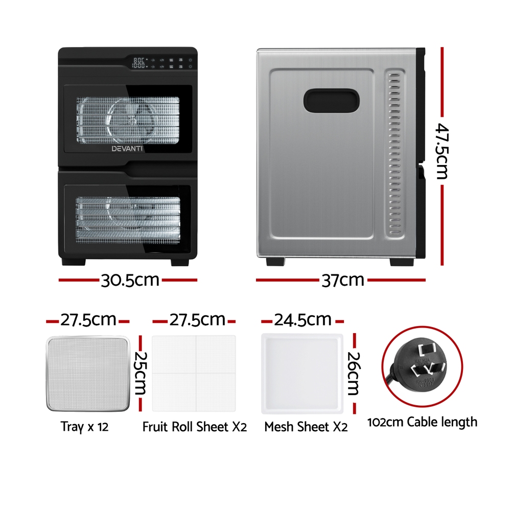 FD-E-661A-12T-SS-202505201614-01 Devanti 12 Trays Food Dehydrator Dual-Zone Stainless Steel Fruit Jerky Dryer - Image 3