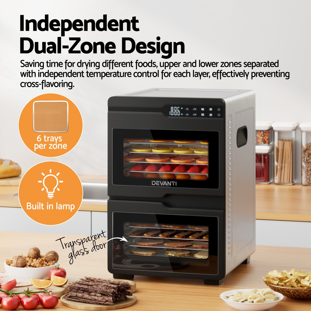 FD-E-661A-12T-SS-202505201614-03 Devanti 12 Trays Food Dehydrator Dual-Zone Stainless Steel Fruit Jerky Dryer - Image 5