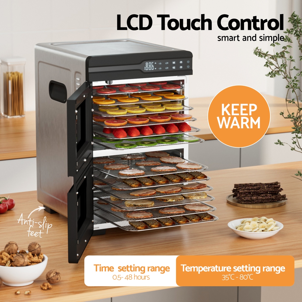 FD-E-661A-12T-SS-202505201614-04 Devanti 12 Trays Food Dehydrator Dual-Zone Stainless Steel Fruit Jerky Dryer - Image 6