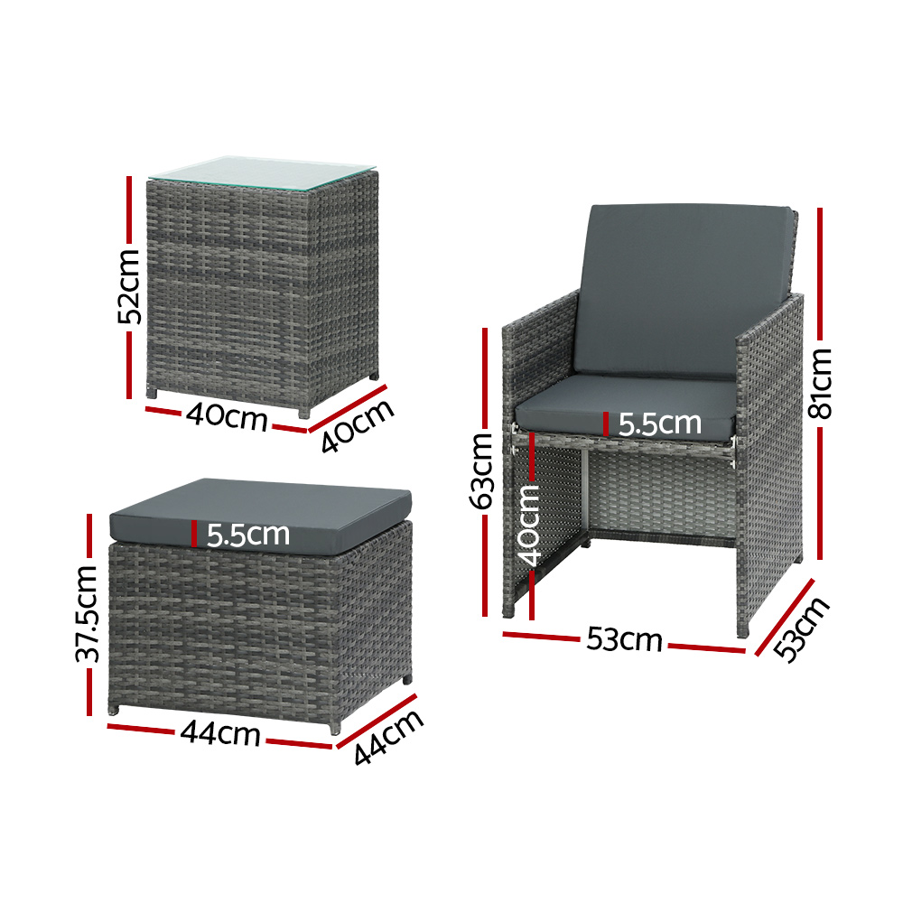 FF-CH-ST-5PCS-GE-202502281612-01 Gardeon 5PC Bistro Set Wicker Table and Chairs Ottoman Outdoor Furniture Grey - Image 2