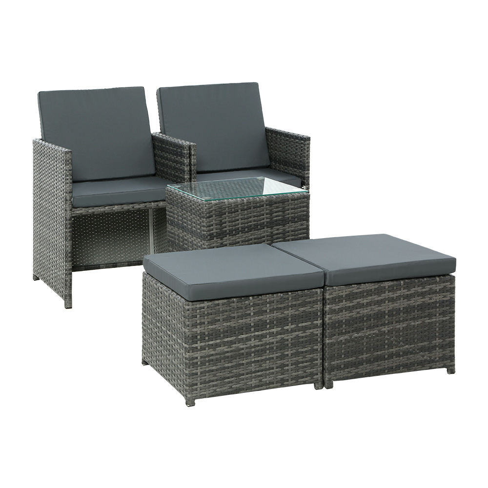 FF-CH-ST-5PCS-GE-202502281612-02 Gardeon 5PC Bistro Set Wicker Table and Chairs Ottoman Outdoor Furniture Grey - Image 3