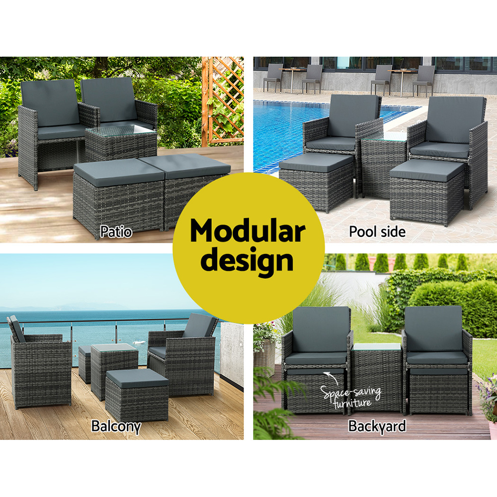 FF-CH-ST-5PCS-GE-202502281612-05 Gardeon 5PC Bistro Set Wicker Table and Chairs Ottoman Outdoor Furniture Grey - Image 6