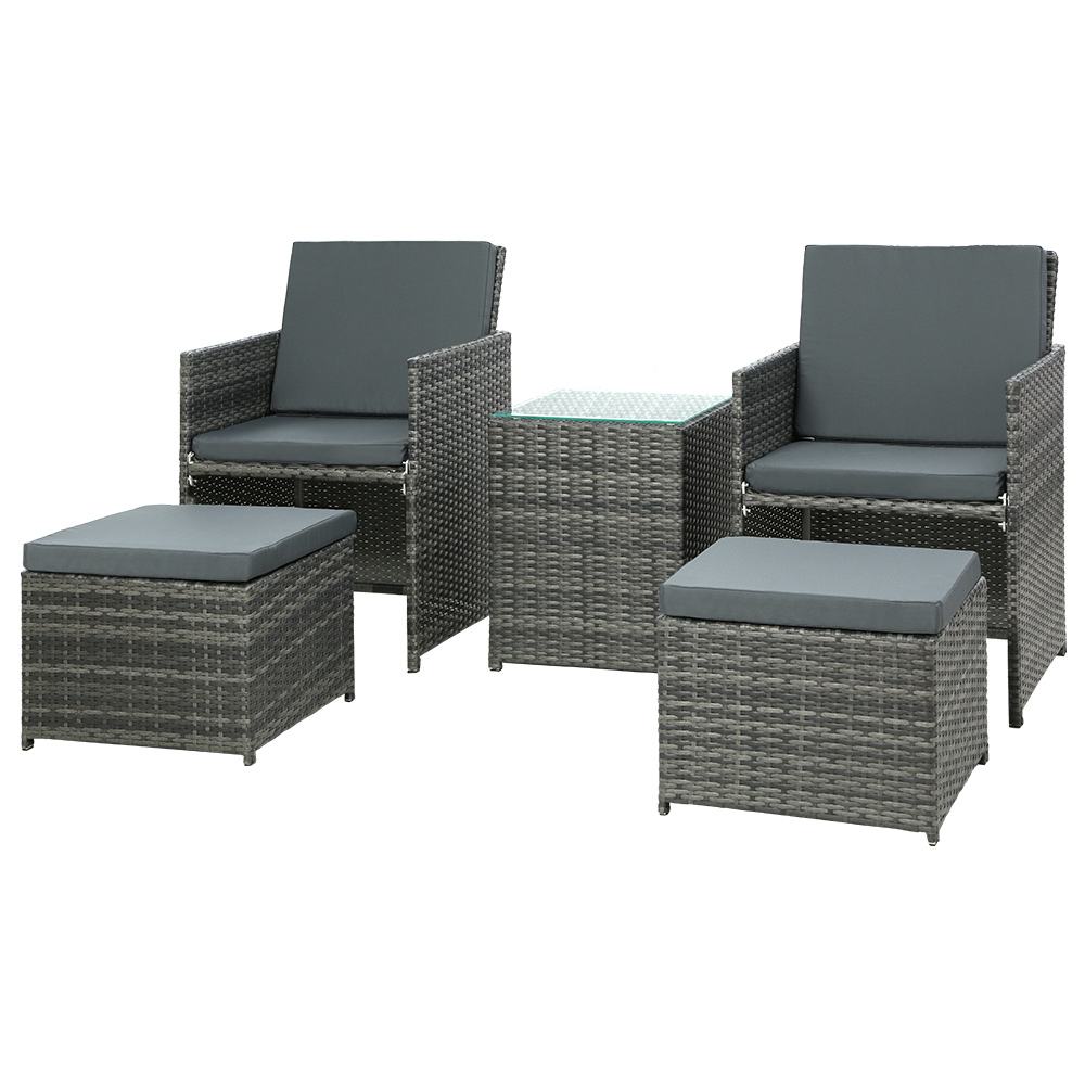 FF-CH-ST-5PCS-GE-202502281612-07 Gardeon 5PC Bistro Set Wicker Table and Chairs Ottoman Outdoor Furniture Grey - Image 7
