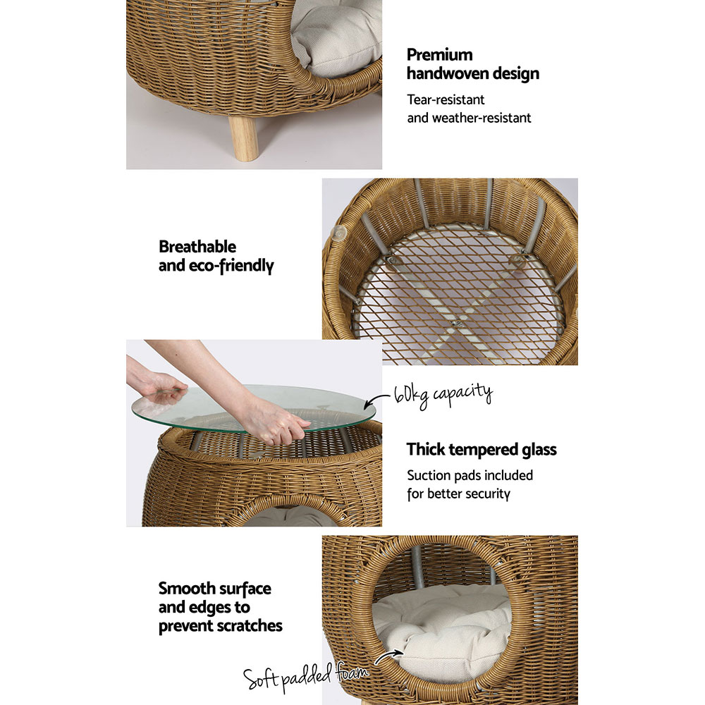 FF-COFFEE-TB-YE-05 Gardeon Coffee Side Table Wicker Aluminium Desk Pet Bed Storage Outdoor Furniture - Image 6