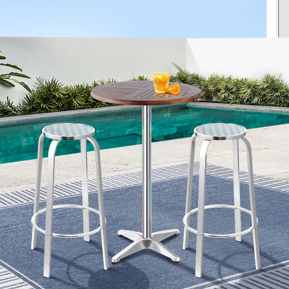FF-TABLESET-WOOD-06 Gardeon 3-Piece Outdoor Bar Set Bistro Table Stools Adjustable Square Cafe - Image 7