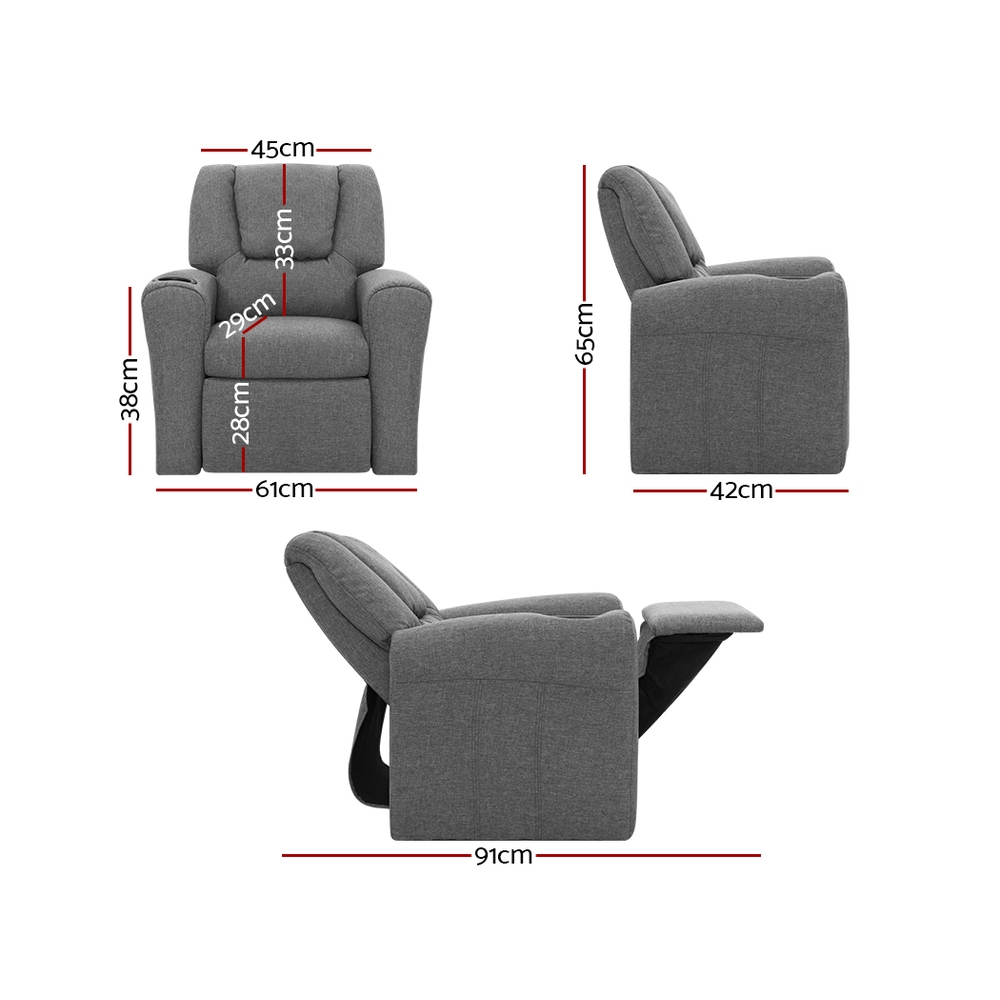KID-RECLINER-GY-01 Keezi Kids Recliner Chair Linen Soft Sofa Lounge Couch Children Armchair Grey - Image 2