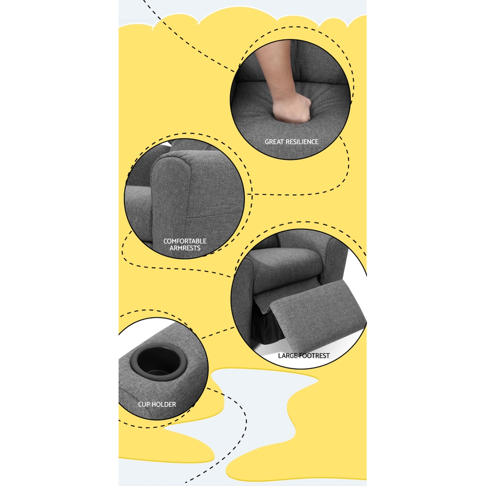 KID-RECLINER-GY-05 Keezi Kids Recliner Chair Linen Soft Sofa Lounge Couch Children Armchair Grey - Image 6