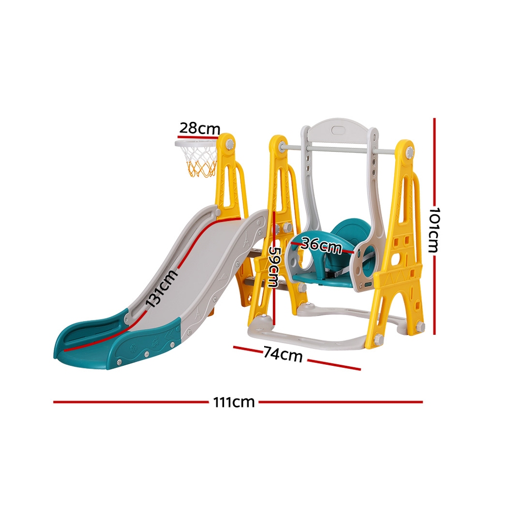 KPS-SLIDE-SWING-YE-174943-01 Keezi Kids Slide Swing Set Basketball Outdoor Toys Adjustable Height 140cm Green - Image 2