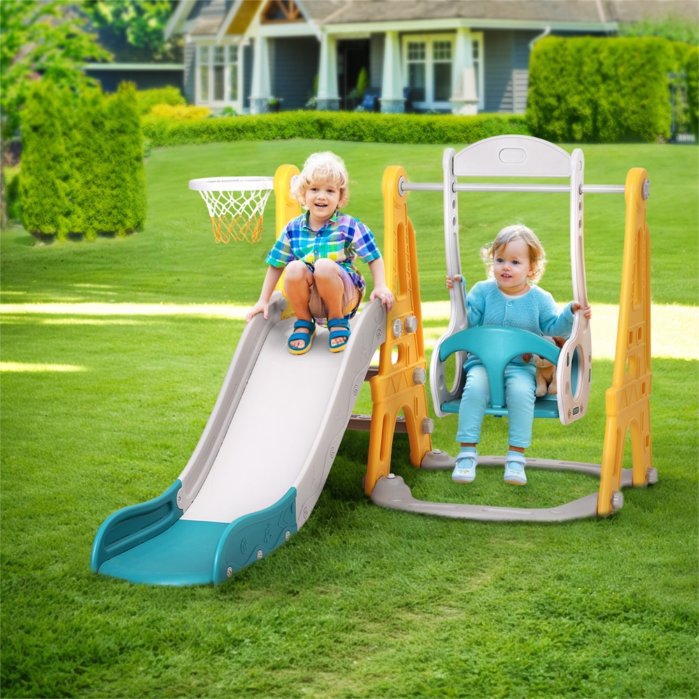 KPS-SLIDE-SWING-YE-174943-04 Keezi Kids Slide Swing Set Basketball Outdoor Toys Adjustable Height 140cm Green - Image 7