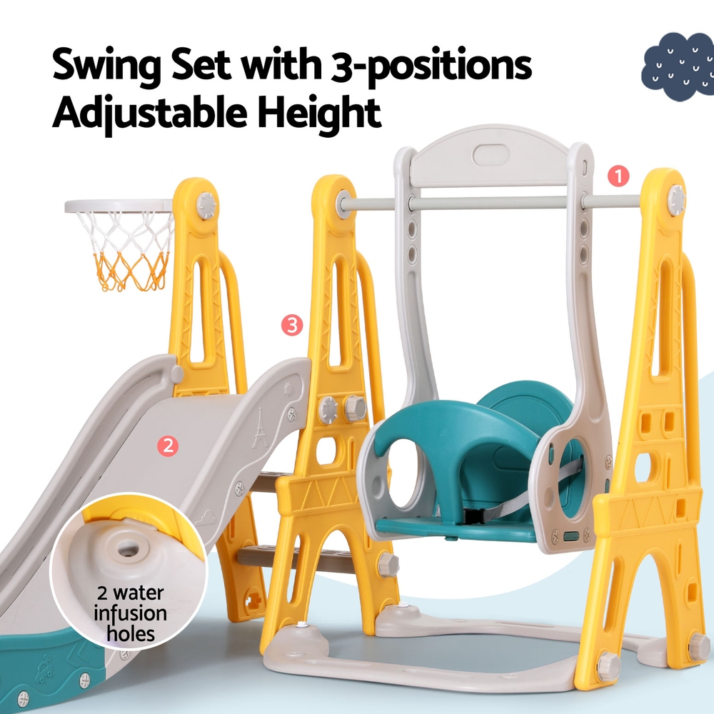 KPS-SLIDE-SWING-YE-174943-06 Keezi Kids Slide Swing Set Basketball Outdoor Toys Adjustable Height 140cm Green - Image 6