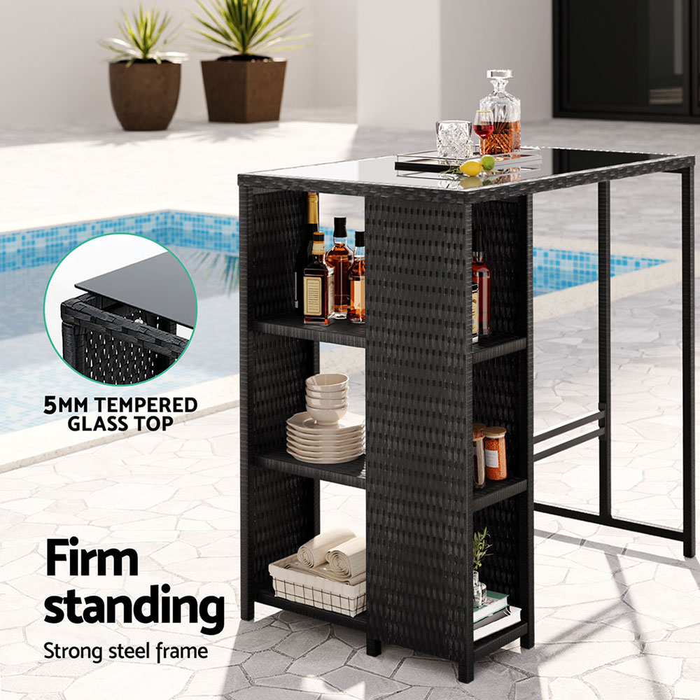 ODF-BAR-TABLE-STORE-BK-198140-03 Gardeon Outdoor Bar Table Wicker Dining Bistro Glass Desk Steel Patio Furniture Black - Image 4