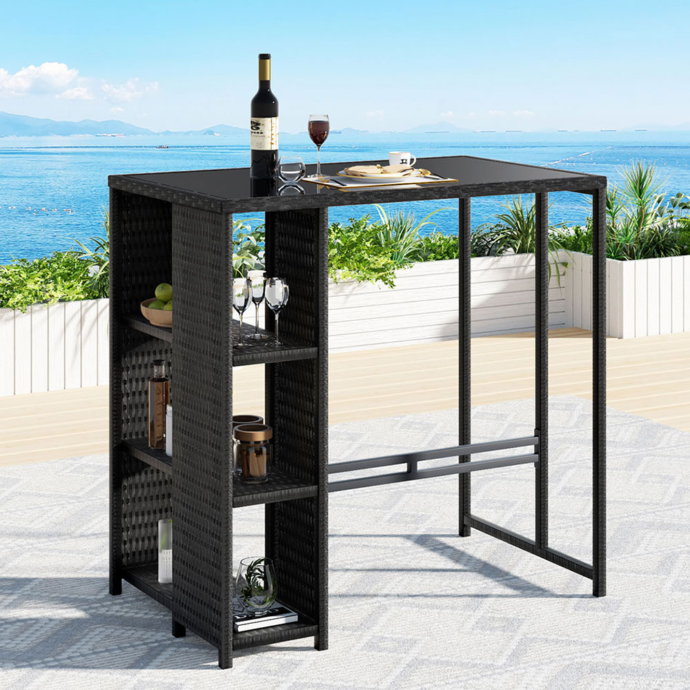 ODF-BAR-TABLE-STORE-BK-198140-06 Gardeon Outdoor Bar Table Wicker Dining Bistro Glass Desk Steel Patio Furniture Black - Image 7