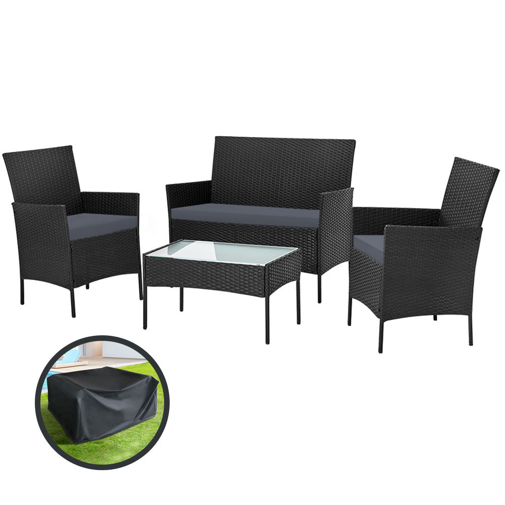 ODF-PATIO-17007-BK-AB-COVER-20641-00 Gardeon 4 Seater Outdoor Sofa Set with Storage Cover Wicker Table Chair Black - Image 7