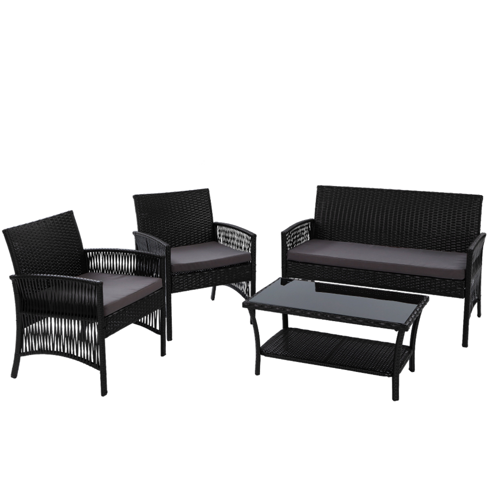 ODF-RATTAN-HARP-BK-AB-17070-00 Gardeon 4PCS Outdoor Sofa Set Wicker Harp Chair Table Garden Furniture Black - Image 8