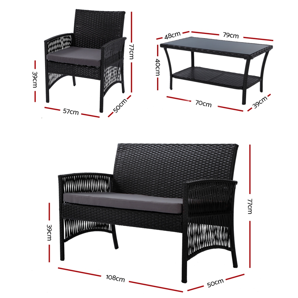 ODF-RATTAN-HARP-BK-AB-17070-01 Gardeon 4PCS Outdoor Sofa Set Wicker Harp Chair Table Garden Furniture Black - Image 2