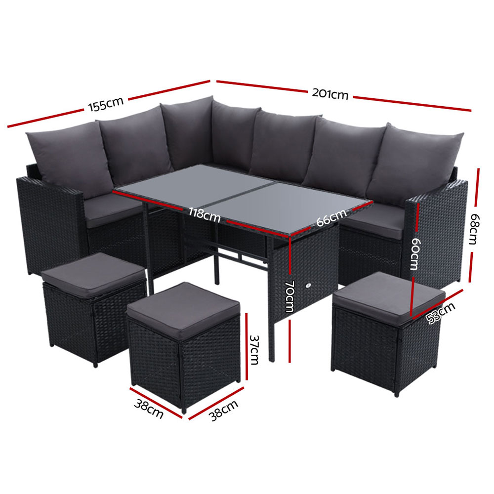 ODF-SDBOSS-3OTM-BK-202502281622-01 Gardeon Outdoor Furniture Dining Setting Sofa Set Lounge Wicker 9 Seater Black - Image 2