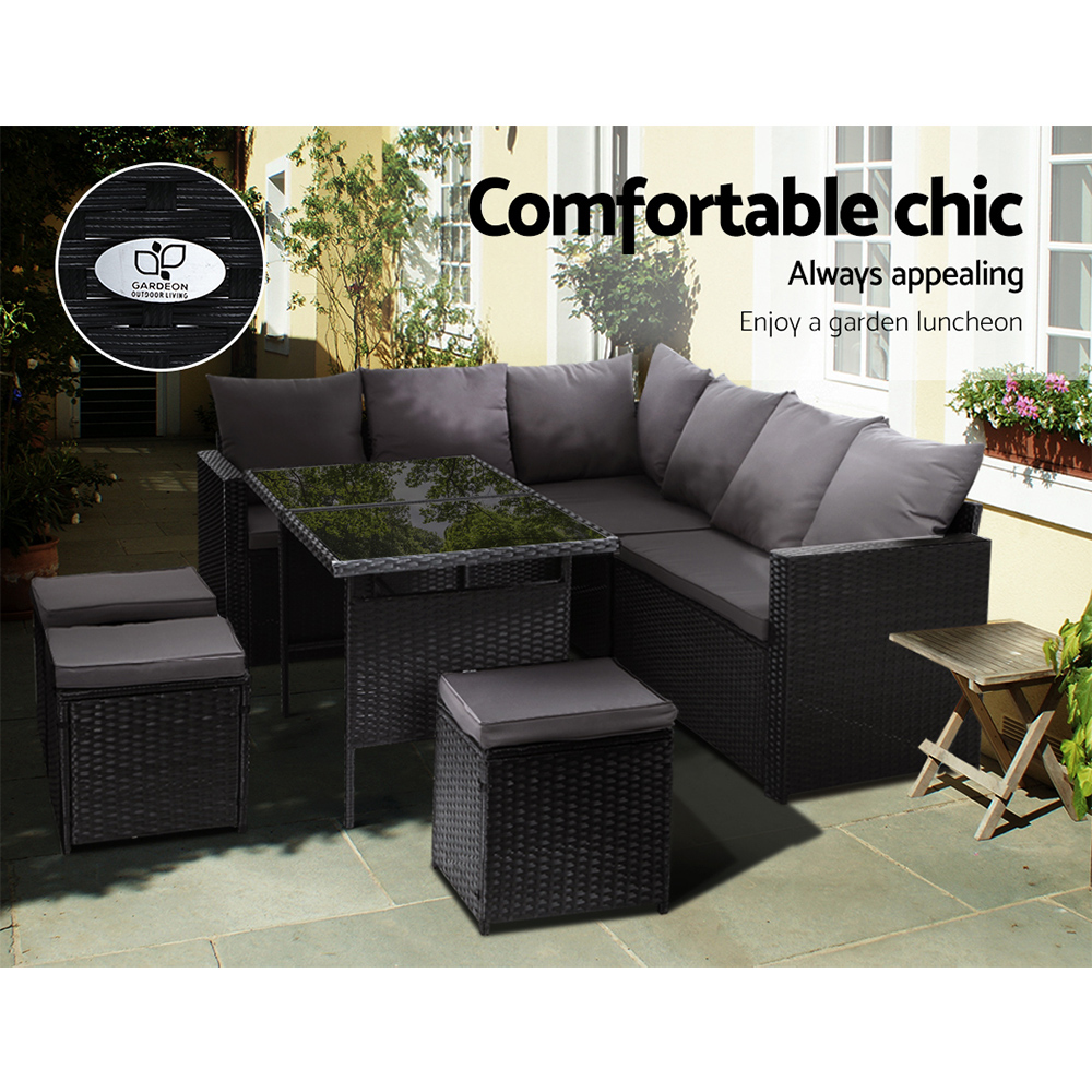 ODF-SDBOSS-3OTM-BK-202502281622-02 Gardeon Outdoor Furniture Dining Setting Sofa Set Lounge Wicker 9 Seater Black - Image 3