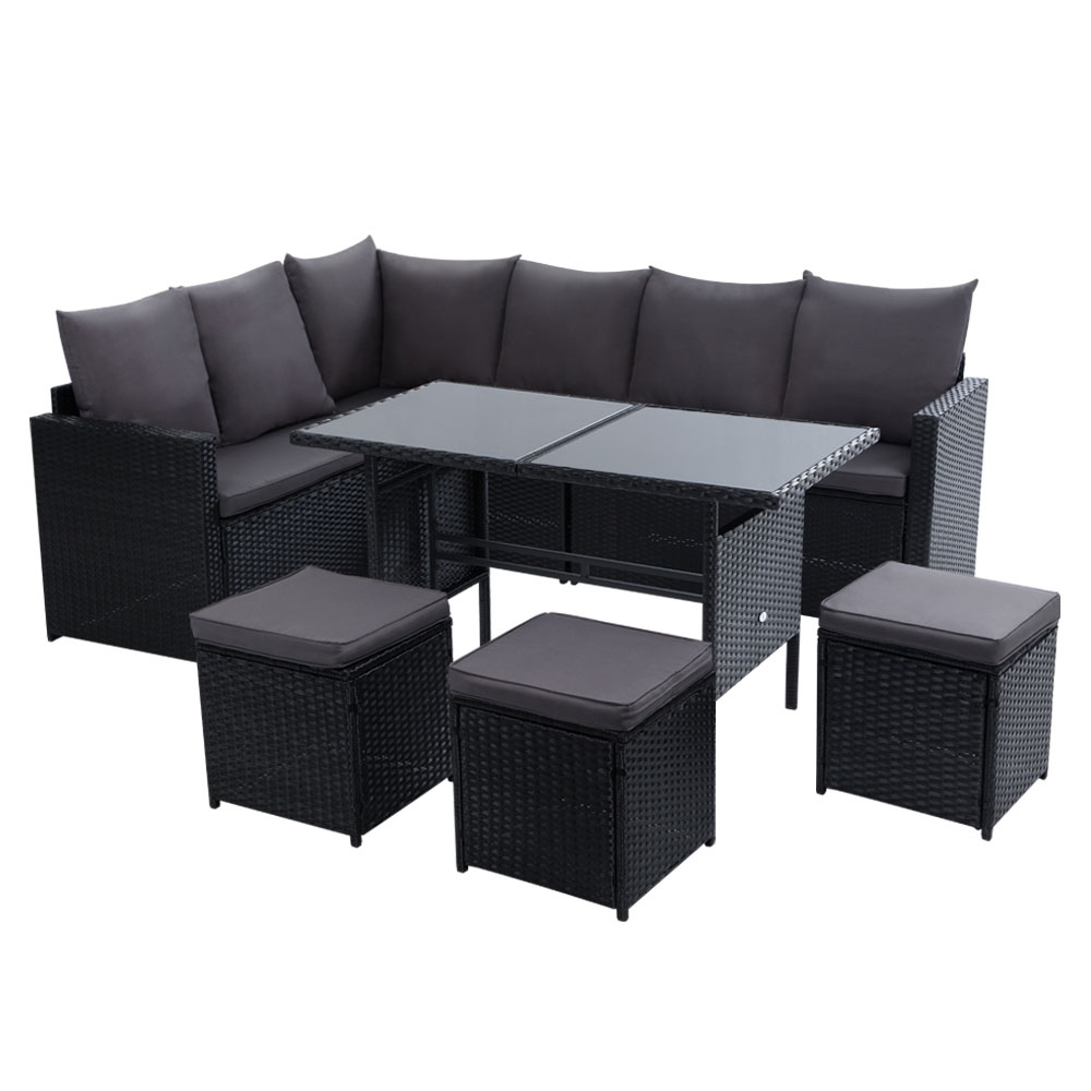 ODF-SDBOSS-3OTM-BK-202502281622-07 Gardeon Outdoor Furniture Dining Setting Sofa Set Lounge Wicker 9 Seater Black - Image 7