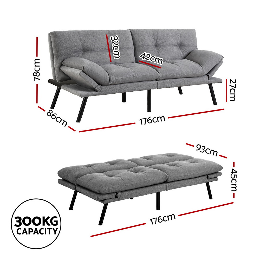 SBED-J-01-LIN-GY-AB-202506191532-01 Artiss Sofa Bed Convertible 3 Seater Couch Recliner Lounge Chair Fabric Grey - Image 2