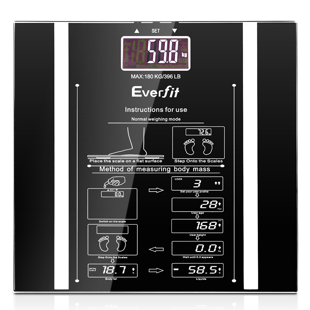 SCALE-BFAT-BK-00 Everfit Body Fat Bathroom Scale Weighing Water Body Fat Gym 180KG - Image 1