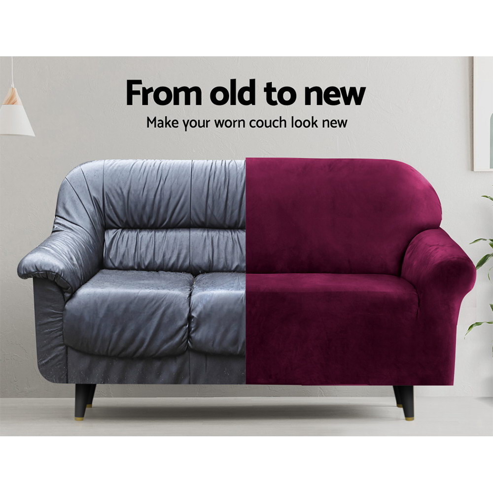 SCOVER-VEL-1-RD-03 Artiss Sofa Cover Couch Covers 1 Seater Velvet Ruby Red - Image 4