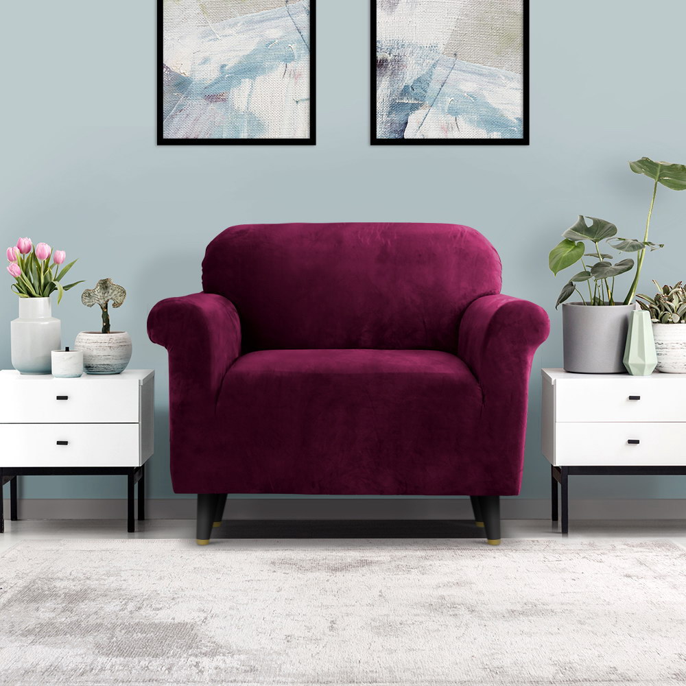 SCOVER-VEL-1-RD-07 Artiss Sofa Cover Couch Covers 1 Seater Velvet Ruby Red - Image 8