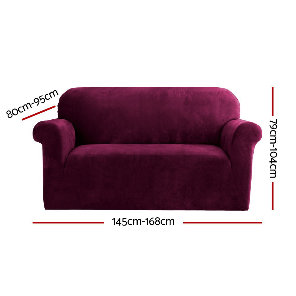 SCOVER-VEL-2-RD-01 Artiss Sofa Cover Couch Covers 2 Seater Velvet Ruby Red - Image 2