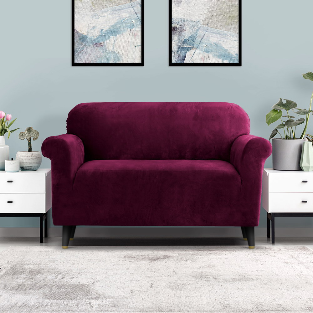 SCOVER-VEL-2-RD-07 Artiss Sofa Cover Couch Covers 2 Seater Velvet Ruby Red - Image 8