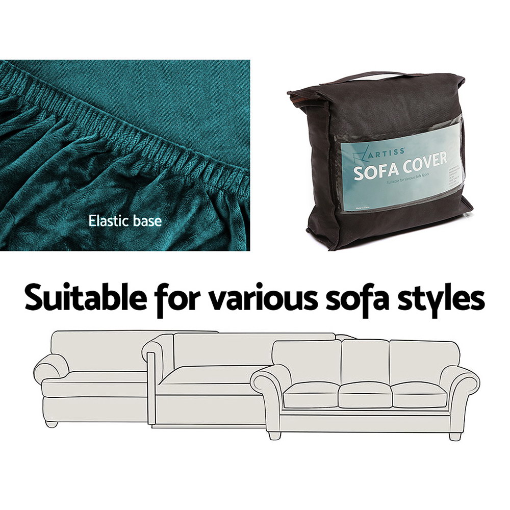 SCOVER-VEL-3-AG-04 Artiss Sofa Cover Couch Covers 3 Seater Velvet Agate Green - Image 5