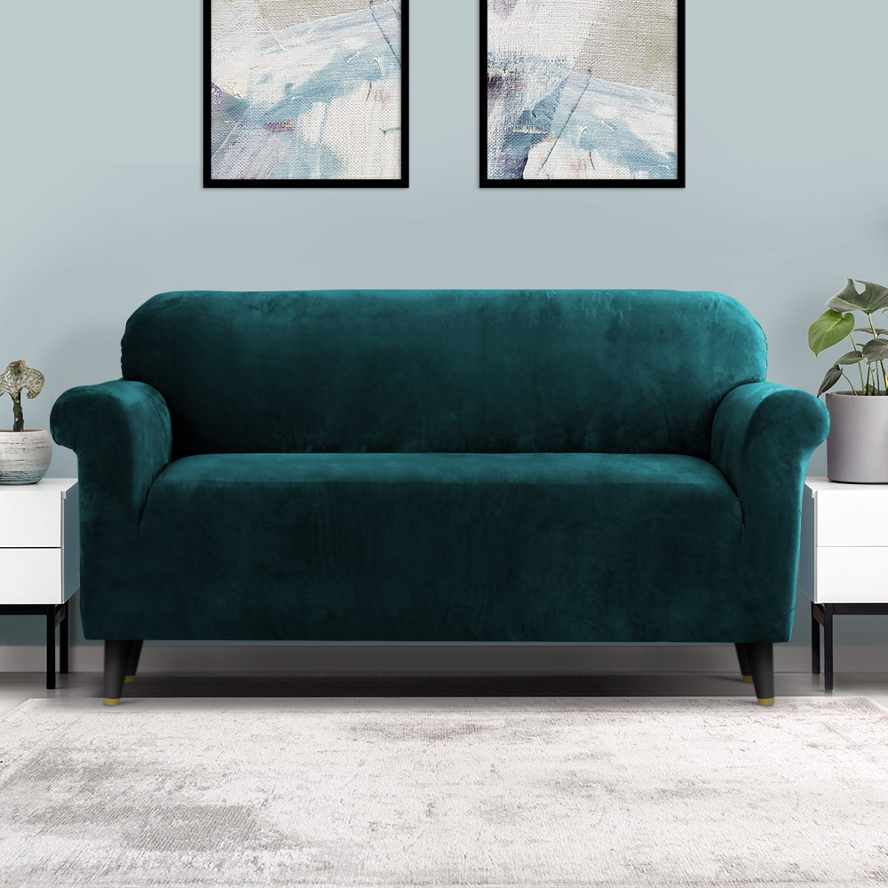 SCOVER-VEL-3-AG-07 Artiss Sofa Cover Couch Covers 3 Seater Velvet Agate Green - Image 8