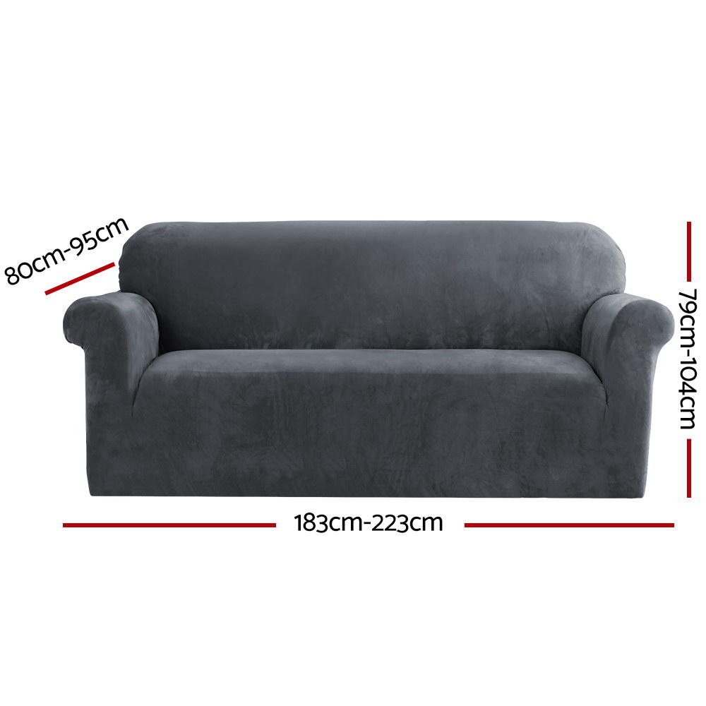 SCOVER-VEL-3-GY-01 Artiss Sofa Cover Couch Covers 3 Seater Velvet Grey - Image 2