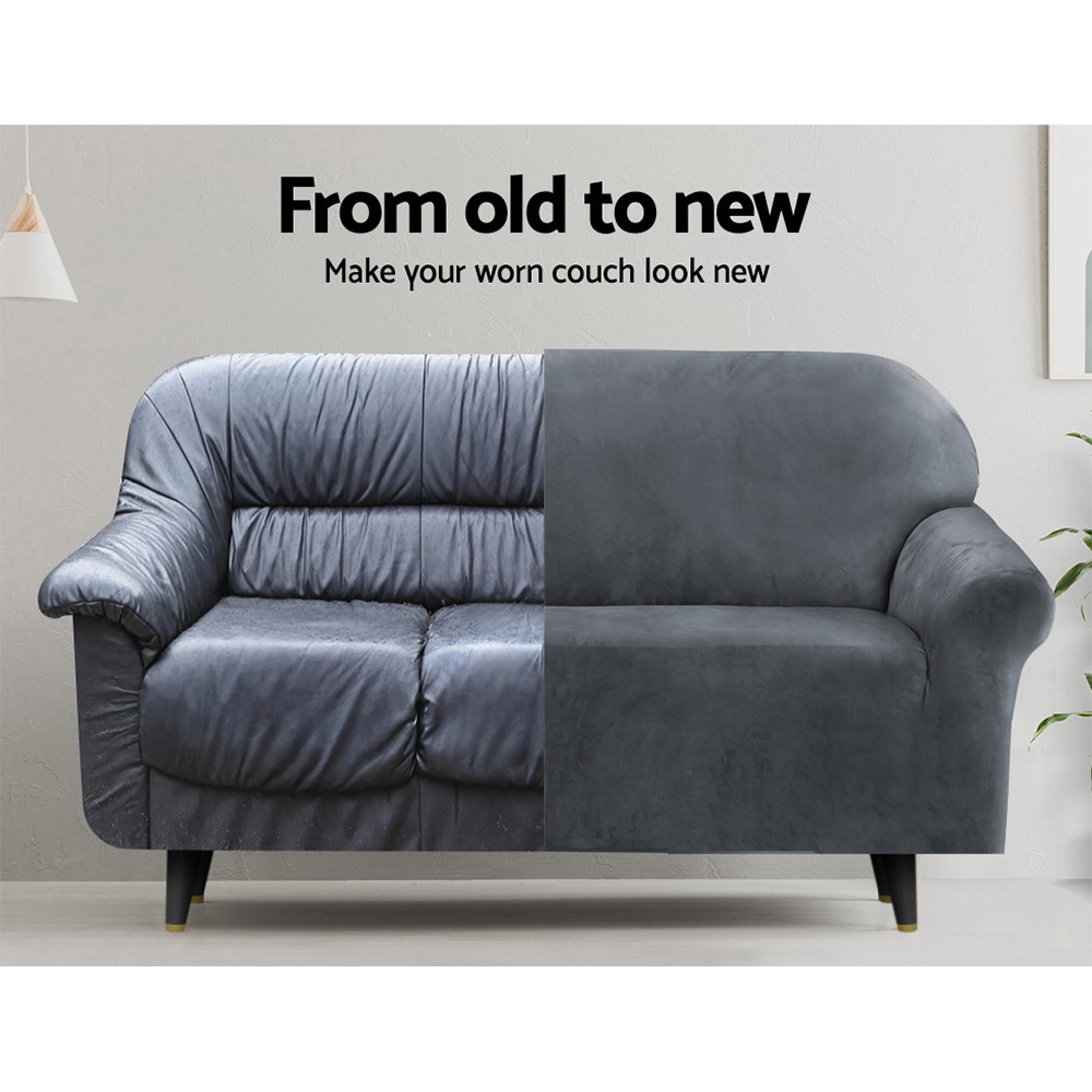 SCOVER-VEL-3-GY-03 Artiss Sofa Cover Couch Covers 3 Seater Velvet Grey - Image 4