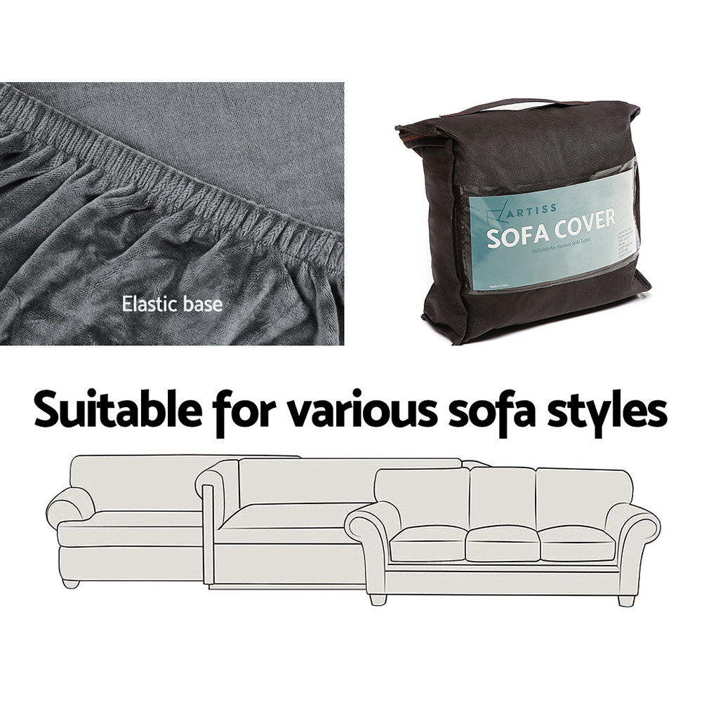 SCOVER-VEL-3-GY-04 Artiss Sofa Cover Couch Covers 3 Seater Velvet Grey - Image 5