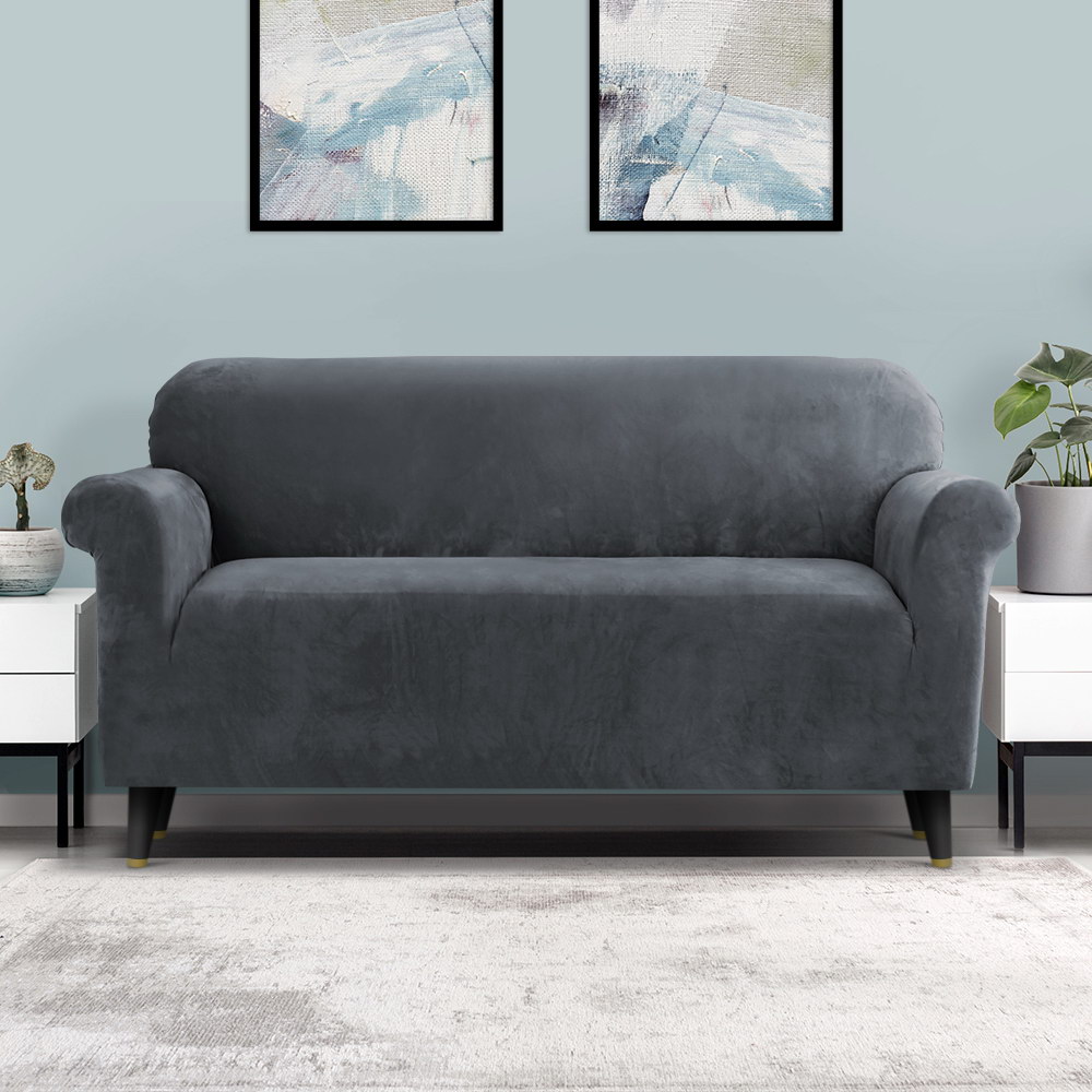 SCOVER-VEL-3-GY-07 Artiss Sofa Cover Couch Covers 3 Seater Velvet Grey - Image 8