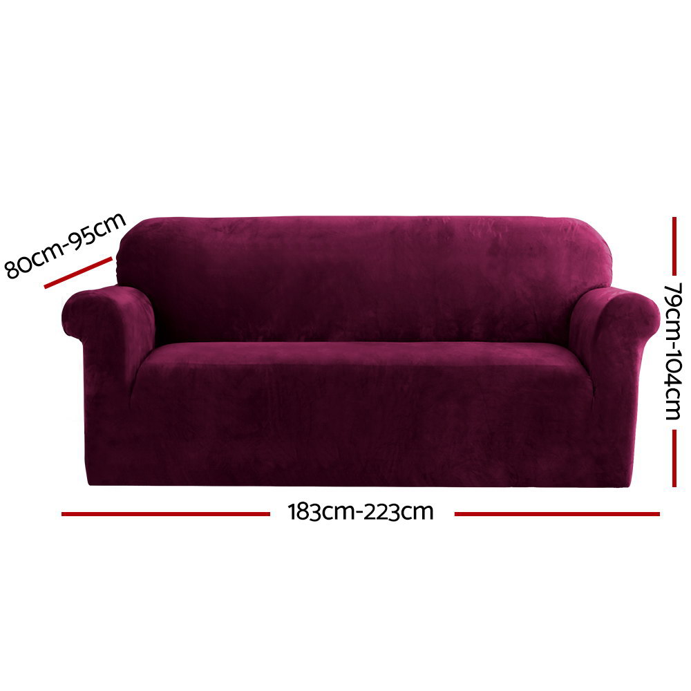 SCOVER-VEL-3-RD-01 Artiss Sofa Cover Couch Covers 3 Seater Velvet Ruby Red - Image 2