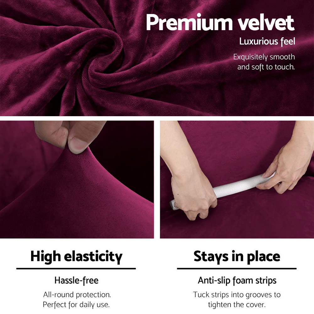 SCOVER-VEL-3-RD-02 Artiss Sofa Cover Couch Covers 3 Seater Velvet Ruby Red - Image 3