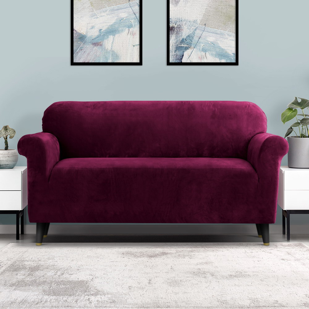 SCOVER-VEL-3-RD-07 Artiss Sofa Cover Couch Covers 3 Seater Velvet Ruby Red - Image 8