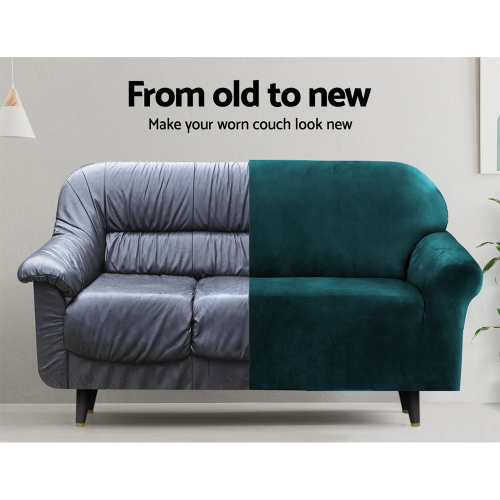 SCOVER-VEL-4-AG-03 Artiss Sofa Cover Couch Covers 4 Seater Velvet Agate Green - Image 4