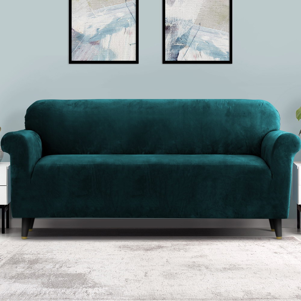 SCOVER-VEL-4-AG-07 Artiss Sofa Cover Couch Covers 4 Seater Velvet Agate Green - Image 8