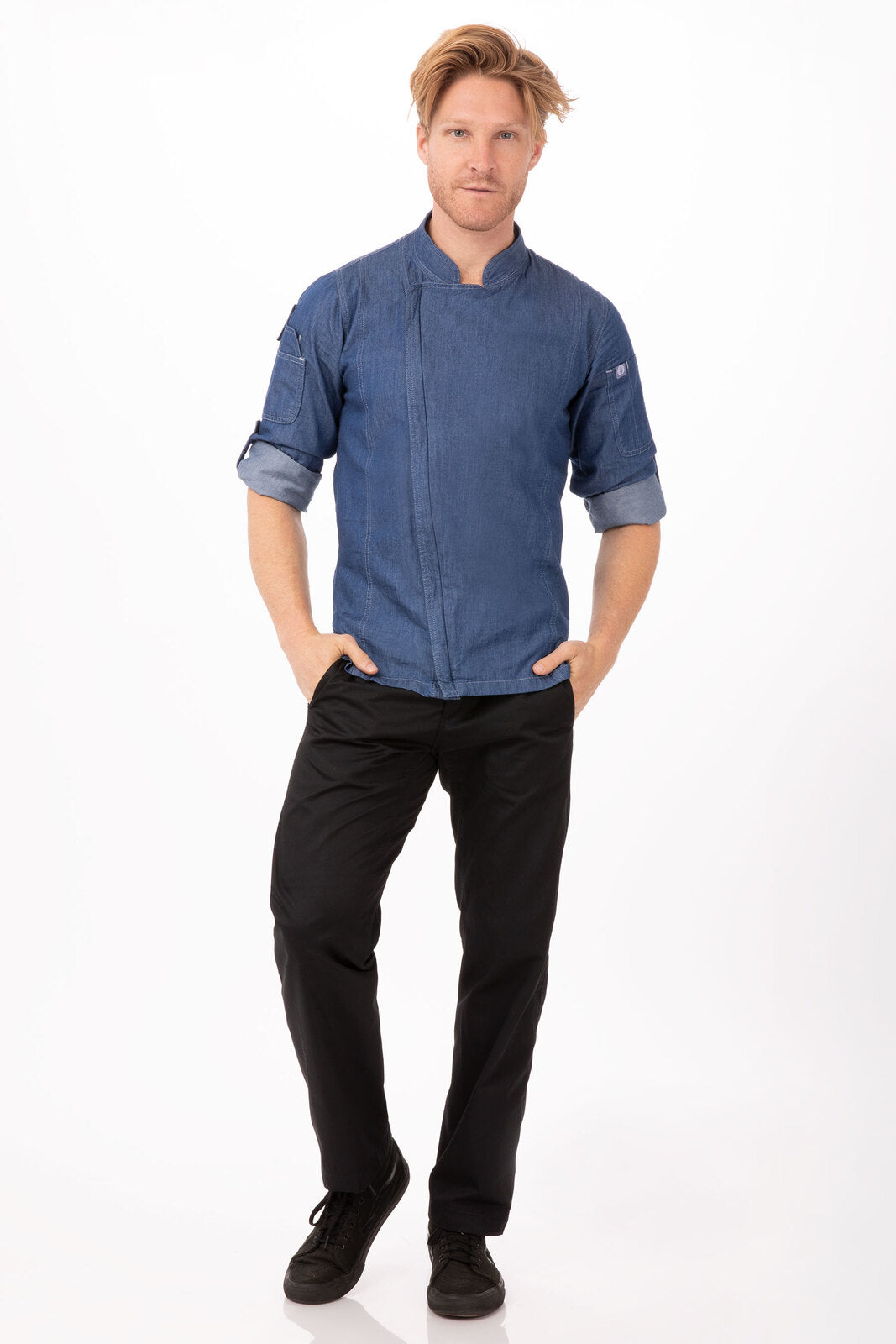 V107-EXDZ001-IBL-L-217613-02 Gramercy Men's Denim Indigo Blue L Zipper Chef Jacket by Chef Works - Image 3