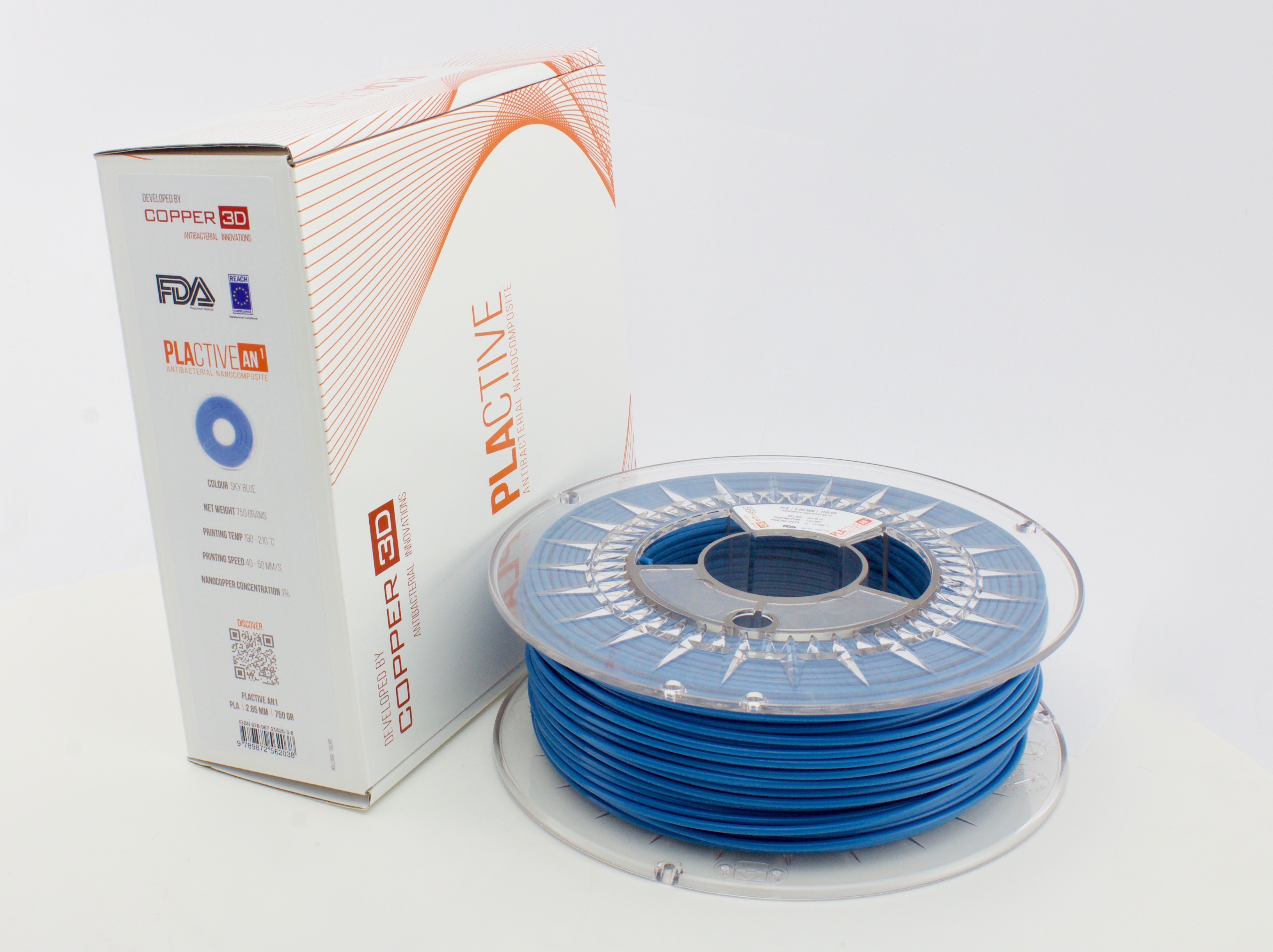 V177-175PLACT-BLUE-0750_BLUE_285__96388_1 PLA Filament Copper 3D PLActive - Innovative Antibacterial 1.75mm 750gram Sky Blue Color 3D Printer Filament - Image 1