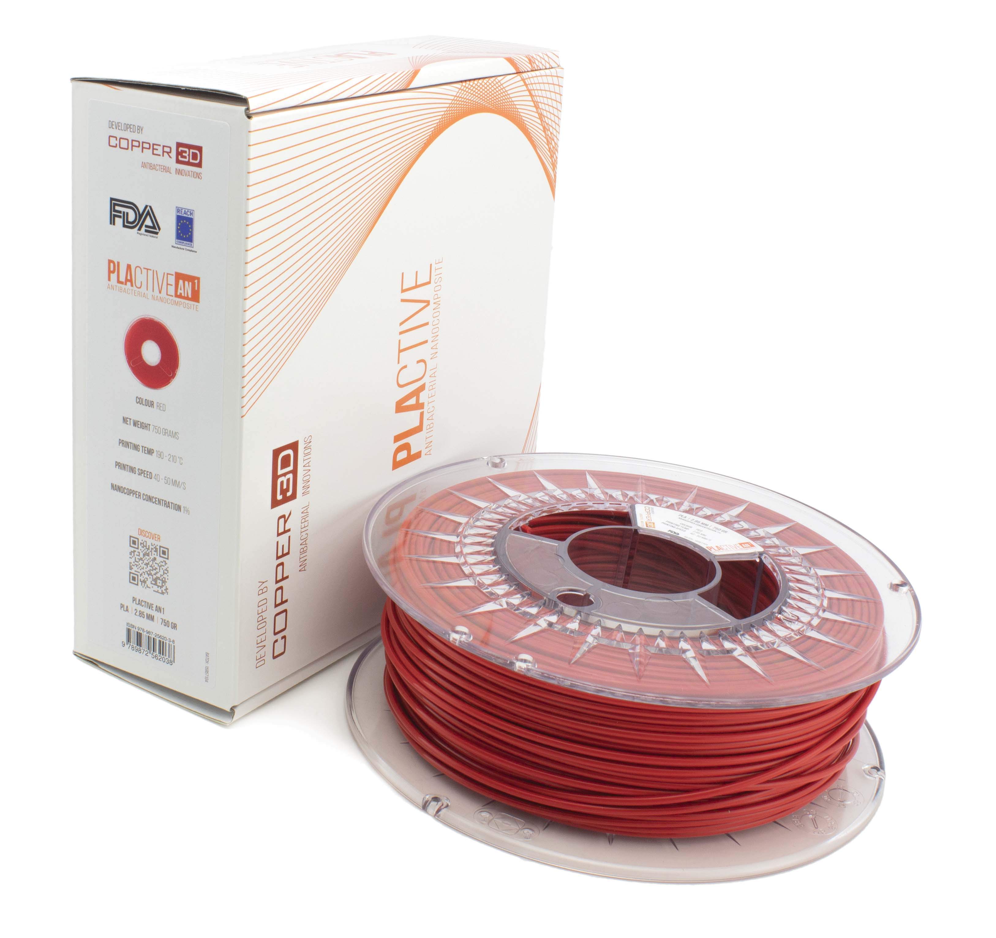 V177-175PLACT-RED-0750_PLActive_RED_2.85mm_spool_box__30057_1 PLA Filament Copper 3D PLActive - Innovative Antibacterial 1.75mm 750gram Classic Red Color 3D Printer Filament - Image 1