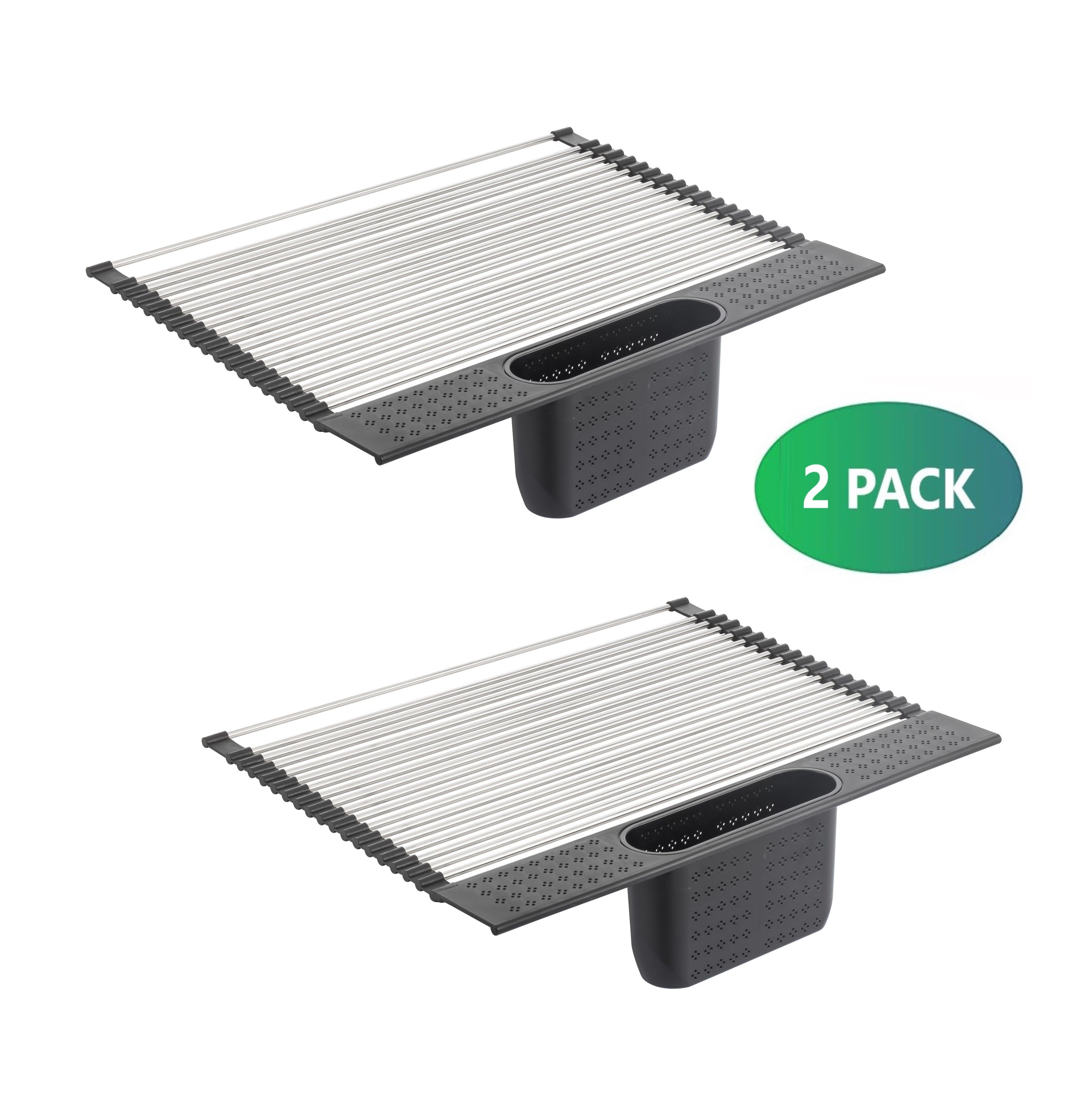 V178-36044-98638-01 2 Pack Large Stainless Steel Roll Up Dish Drying Rack with Utensil Holder for Home Kitchen - Image 2