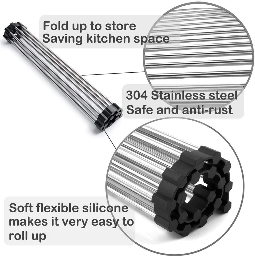 V178-36044-98638-04 2 Pack Large Stainless Steel Roll Up Dish Drying Rack with Utensil Holder for Home Kitchen - Image 5