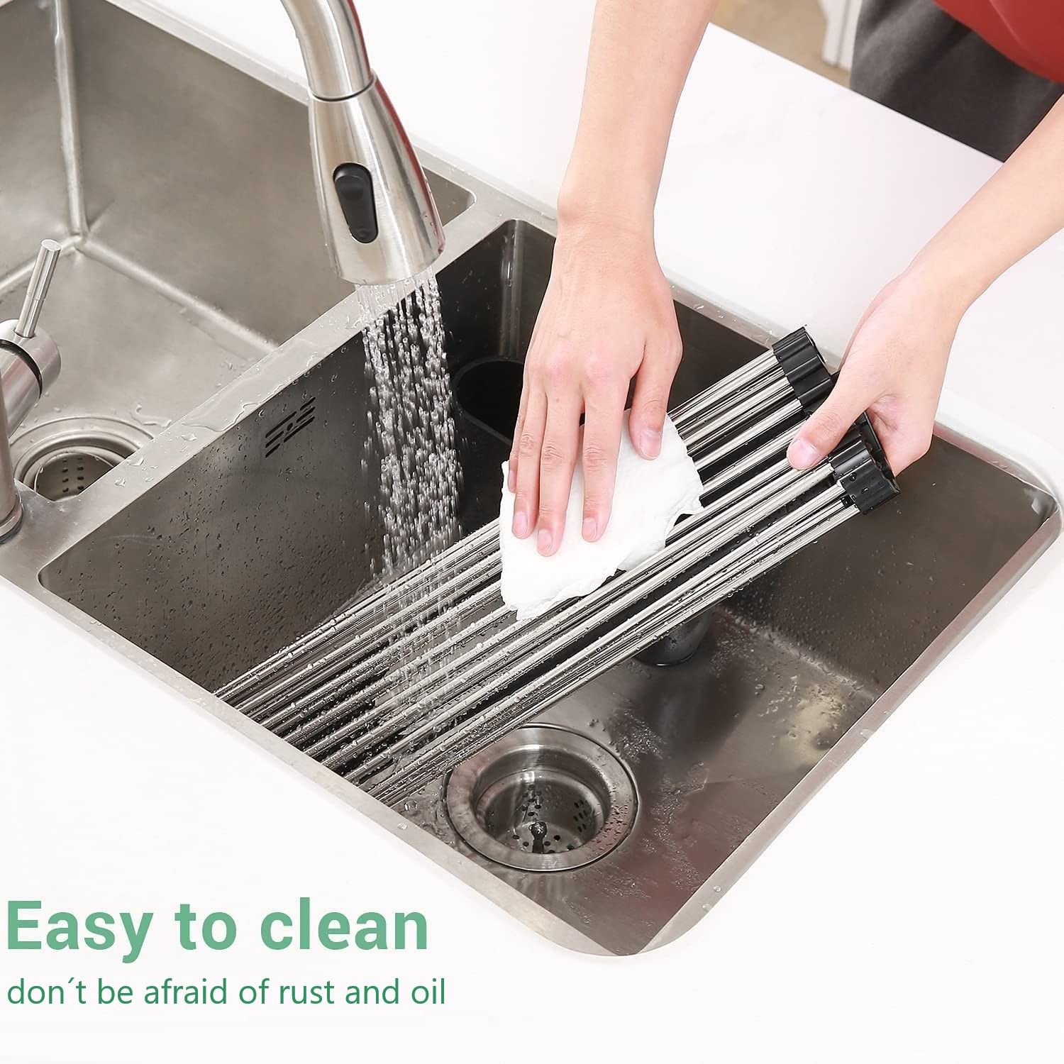 V178-36044-98638-05 2 Pack Large Stainless Steel Roll Up Dish Drying Rack with Utensil Holder for Home Kitchen - Image 6