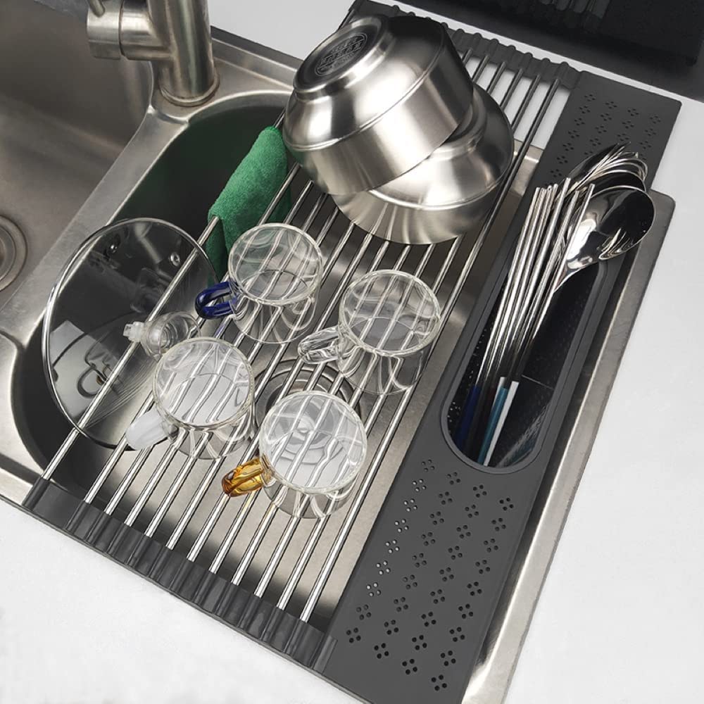 V178-36044-98638-09 2 Pack Large Stainless Steel Roll Up Dish Drying Rack with Utensil Holder for Home Kitchen - Image 10